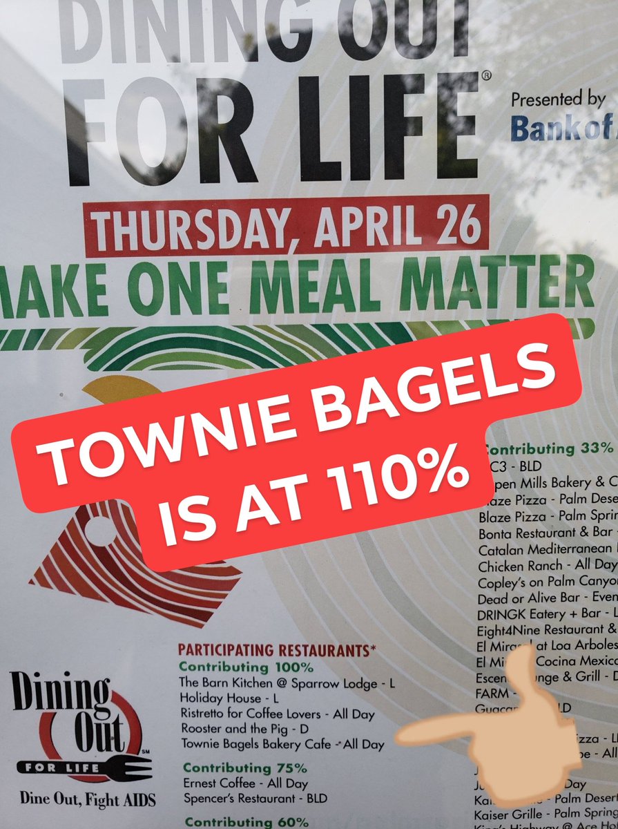 TownieBagels's tweet photo. .@DineOut4Life We are at 110% ...❤❤❤ our 3rd year ...@Desertaids
#dineout4life
#desertaidsproject
#april26 https://t.co/WlHru6XO9k