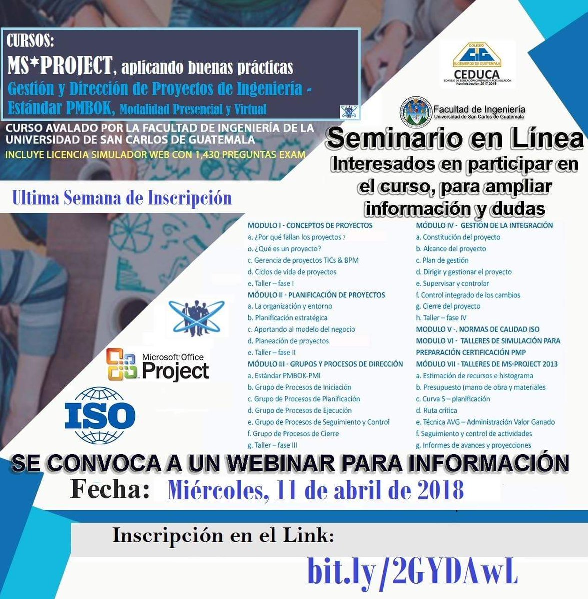CapacitaPM's tweet photo. Atención Ingenieros Colegiados, ULTIMA semana de inscripciones al Curso de Gestión y Dirección de Proyectos de Ingeniería - Estandar PMBOK, webinar informativo Miercoles 11 Abril inscripción en https://t.co/Ed0qMmiiOV  CUPO LIMITADO https://t.co/n8AGnJlsid