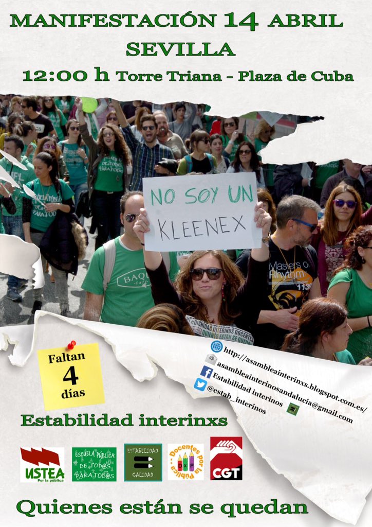 estab_interinos's tweet photo. COMPAÑER@S!!. La manifestación del día 14 en Sevilla es crucial para dar un mensaje contundente a la Consejería! Es un puñetazo en la mesa. Hay que ir con toda nuestra familia y amig@s. 
#Estabilidadinterina #losqueestansequedan https://t.co/PdoUPL82Ro