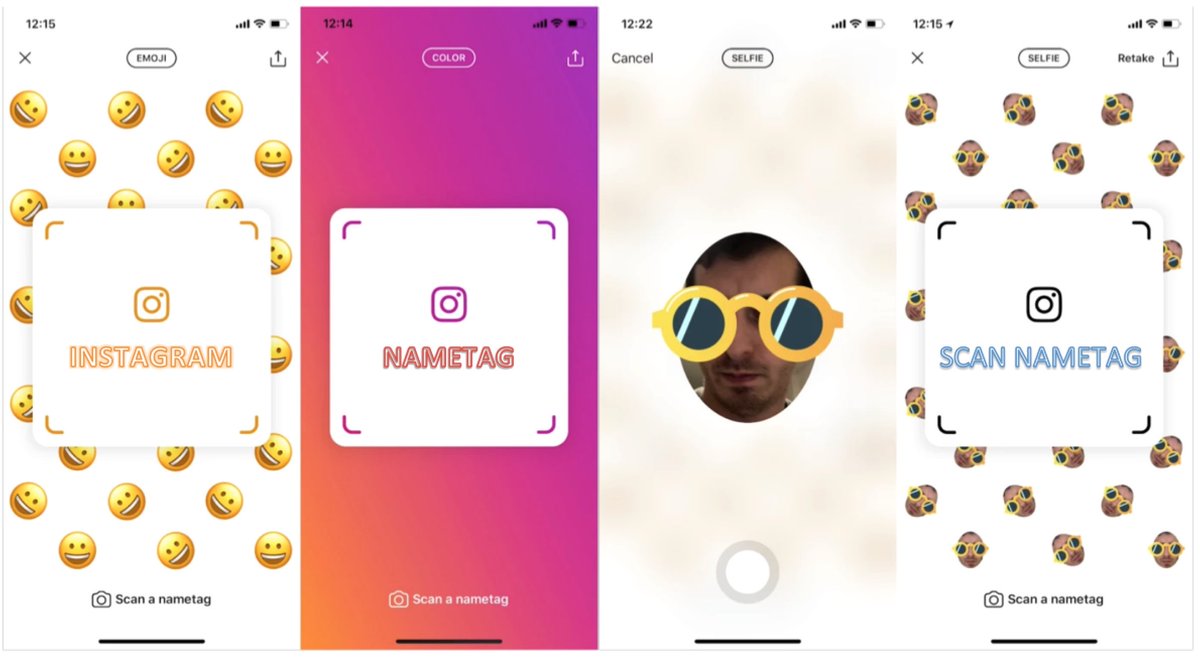 MAInteractive's tweet image. #Instagram 💟 prepara nueva función: "NAMETAG", que permite costumizar una imagen especial, que al ser scaneada ayuda a seguir al usuario. 
Un elemento más que copia de #Snapchat 👻  que lanzó los "Snapcodes" en enero de 2015. #SocialMedia #Trends. 
Así lucirá NAMETAG 👇