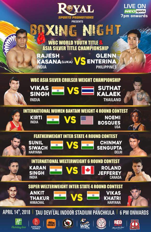 RoyalSportsLive's tweet photo. Most awaited Fightcard of the season. 

History is about to be re-written. Be a part of Boxing Night on 14th April at Tau Devi Lal Stadium Panchkula. 

#PunchKaDum @Panchkula https://t.co/V1vOSVDwqt