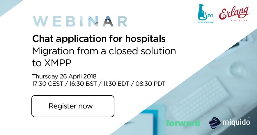 ErlangSolutions's tweet image. [WEBINAR] Forward: Chat application for hospitals. Migration from a closed solution to #XMPP. Registration is now open: bit.ly/2GOwlbi  
#MongooseIM #eHealth