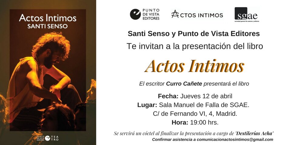 ActosIntimos's tweet photo. Este jueves se presenta el #LibroActosIntimos en Madrid ¿NOS ACOMPAÑAS?  a las 19 h. #PalacioDeLongogia en la @fundacionsgae 💥📖💥 @PuntodeVistaEd https://t.co/DXGKRlqSNS