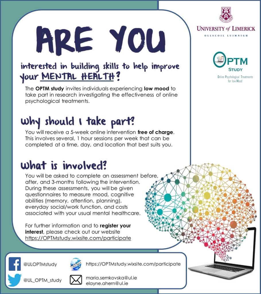UL_OPTM_study's tweet photo. 📢 Busy week for the @UL OPTM study team. Sending a big thanks to all our wonderful participants so far 👏Limited spaces still available. Offering a FREE, confidential, self-paced, online skill-building programme for low mood. Find out more on our website. Link in bio ✅ https://t.co/vtAWuywKeU