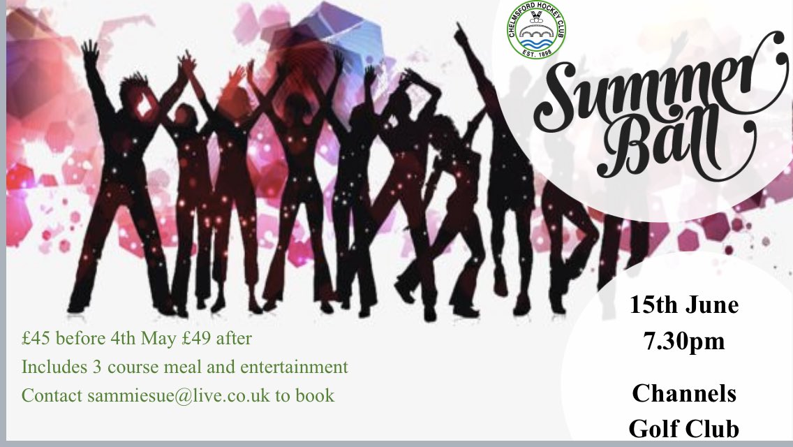 ChelmHockey's tweet photo. Get those glad rags ready for the summer ball! Pay the club account to secure your place 💃🏼 🕺🏻#summerscoming #hockeyfamily #poshfrocks #drinkandbemerry https://t.co/8AjIM7pWKC