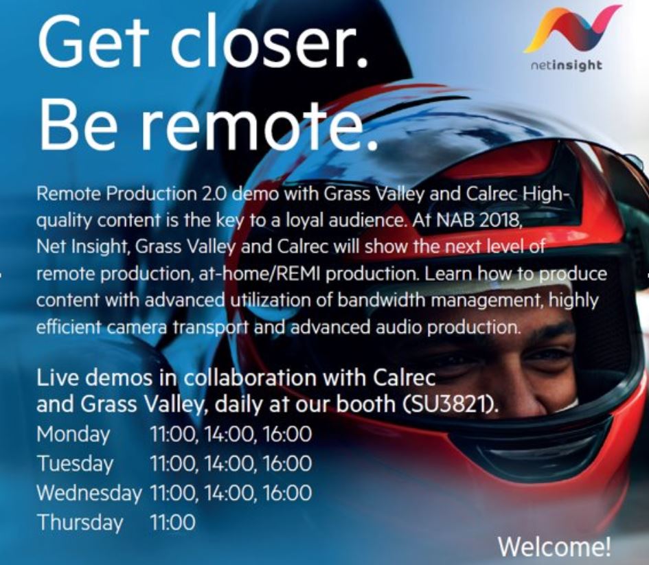 NetInsight's tweet photo. Come join our daily Remote Production 2.0 Live demos @NABShow with @GrassValleyLive & @calrecaudio #RemoteProduction #NetInsightNAB2018 https://t.co/gKSPKRd6EE