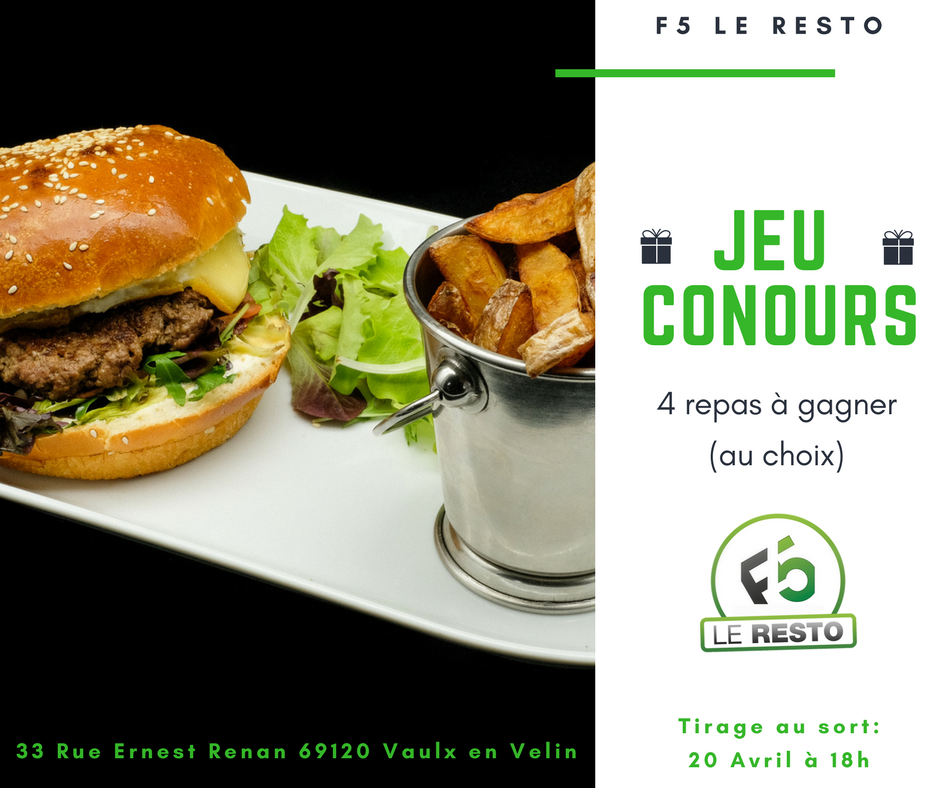 F5FOOTFIVE's tweet photo. 🎁 Jeu concours F5 Le Resto 🎁
🍟 4 repas à gagner 🍕

Pour cela:
1️⃣Like la page : F5 Le Resto
2️⃣ Partage cette publication
3️⃣Identifie les personnes avec qui tu désire savourer ce repas

Tirage au sort 20/04,18h 

#Jeuconcours #F5LeResto #Restauration https://t.co/jrCDyjbr1Q