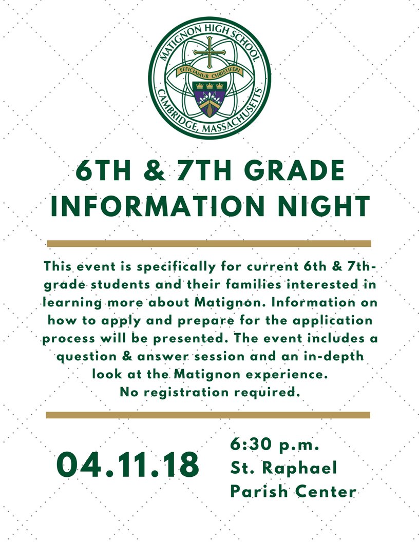 MatignonAdmiss's tweet photo. Come learn about @MatignonHS and the admissions process TOMORROW at 6th & 7th Grade Info Night, 6:30 p.m. at St. Raphael Parish Center in Medford. https://t.co/W8DeVawsBK #expectexcellence #applytomatignon https://t.co/FsKCcQn3uq