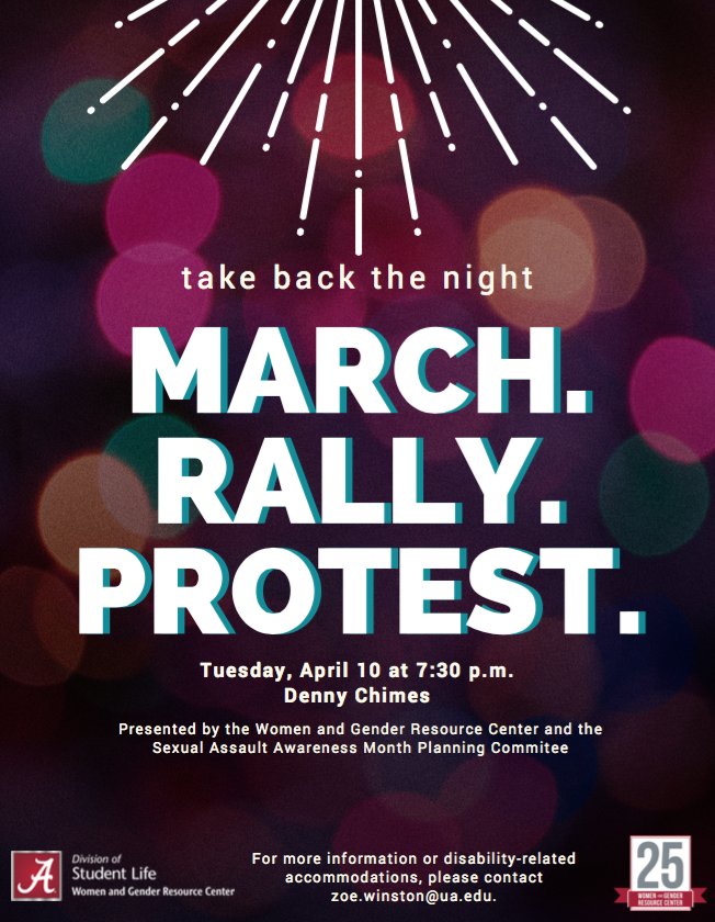 Crossroads_UA's tweet photo. Join @WGRCatUA 7:30 pm @UADennyChimes. TBTN unites those around the globe seeking to end sexual assault, domestic &amp; dating violence, sexual abuse &amp; all forms of sexual violence. It not only empowers survivors in the healing process, but inspires responsibility in all. https://t.co/4rvLschatT