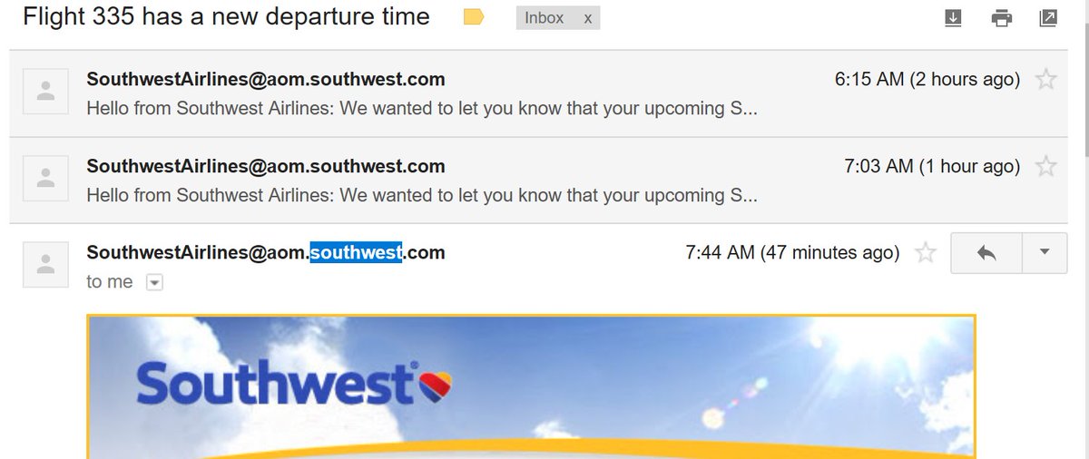 DemandLogic's tweet photo. @SouthwestAir I've gotten no less then 3 emails from Southwest changing departure times this morning. https://t.co/rJ3x7iMHCR