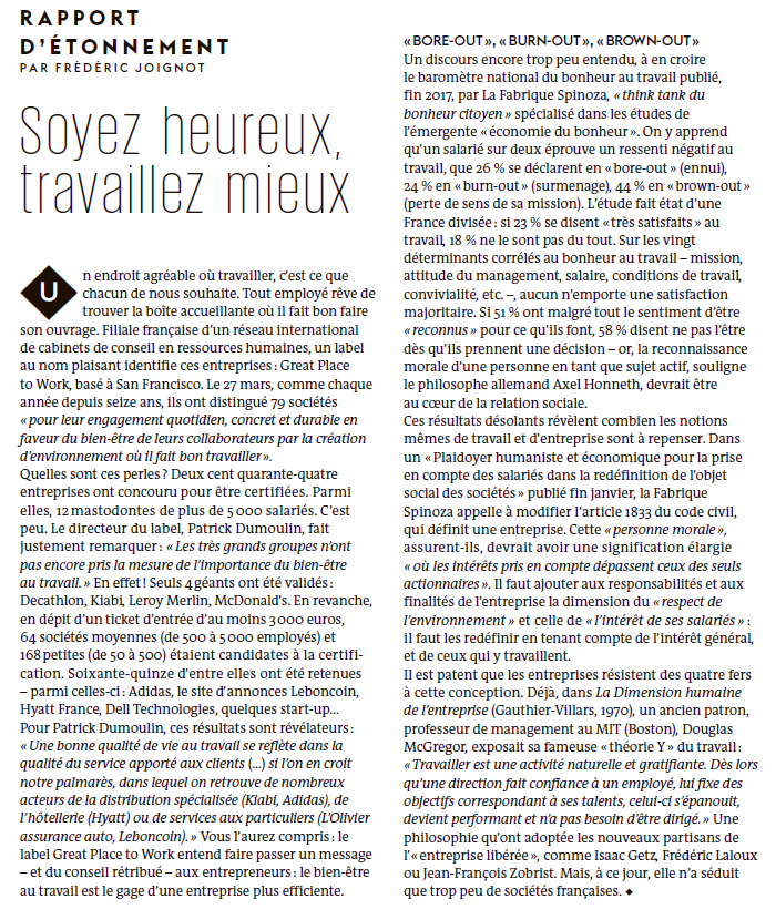 "Soyez #heureux, travaillez mieux" dans <a href="/lemondefr/">Le Monde</a> · #PalmaresGPTW2018 #BienEtreAuTravail #QVT