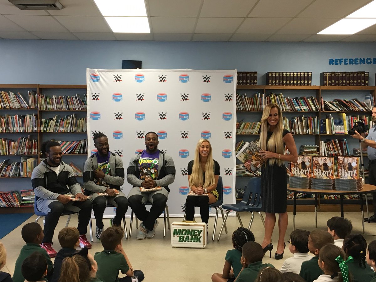 WWECommunity's tweet photo. Congrats to our winning class of the #WrestleMania Reading Challenge with @WWE and @FirstBook! WWE Superstars are reading a book about @Tromboneshorty! https://t.co/HMFAmJ84mM