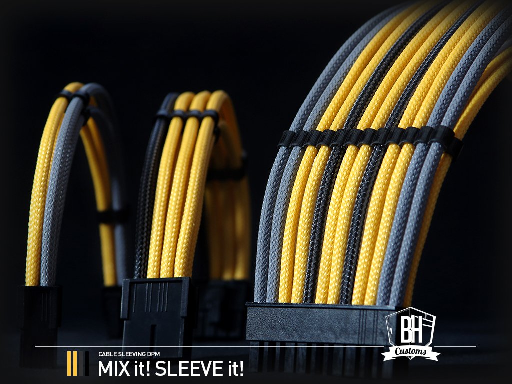 wipoid's tweet photo. Otro cableado personalizado #BHCustoms , esta vez para un proyecto de modding:

24 Pin ATX de 300mm, 4 Pin ATX y 8 Pin EPS de 200mm con curvatura en 360º

Combianción de Carbono, Yolk Yellow, y Pewter Grey. https://t.co/u8QNzxl5DL