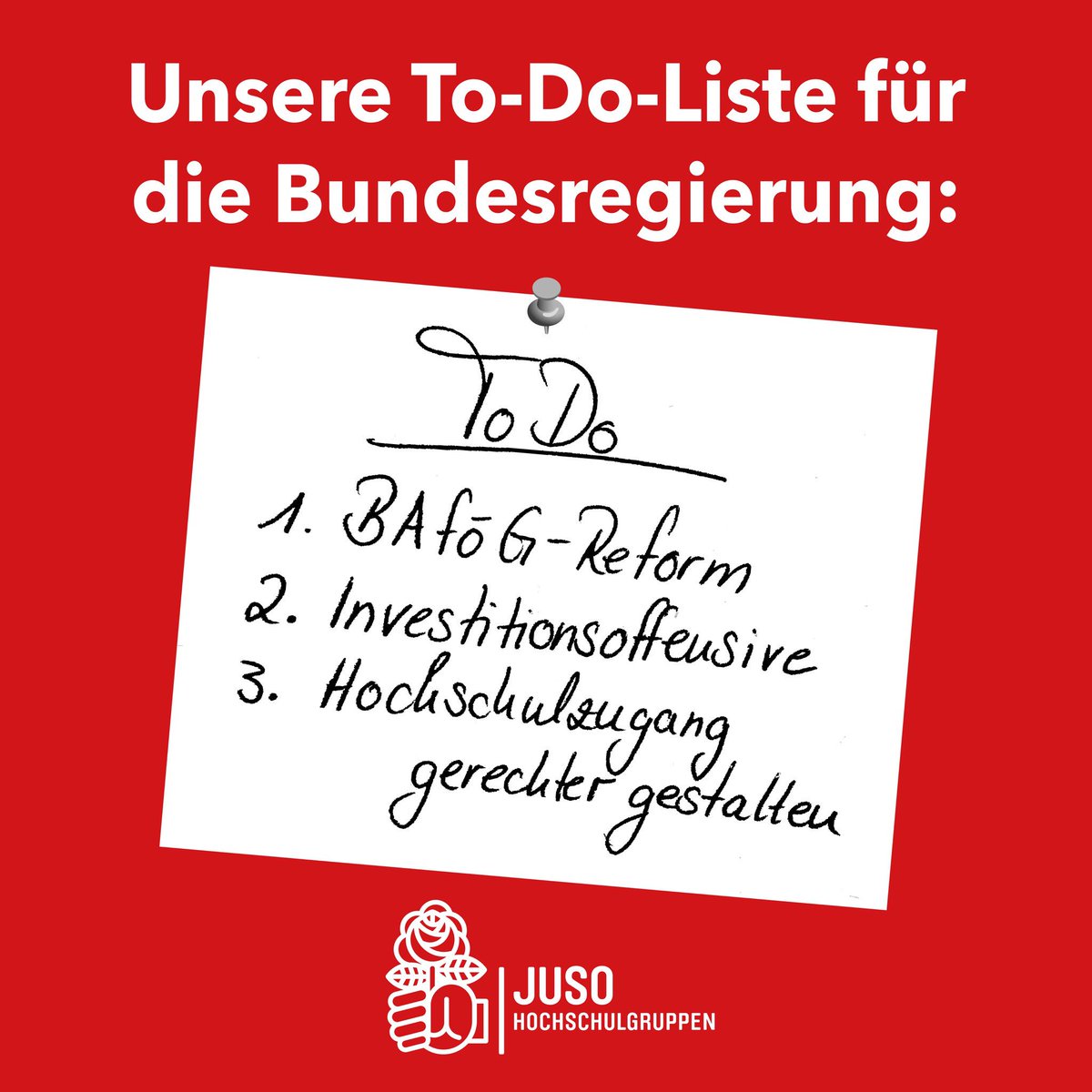 jusohsgn's tweet photo. Die #Bundesregierung trifft sich heute zur gemeinsamen Klausur. Wir haben schon mal eine To Do-Liste für den Bildungsbereich geschrieben, da Frau #Karliczek ja noch in der Einarbeitungsphase ist:

✅Sofortige #BAföG-Reform
✅Investitionsoffensive
✅#Hochschulzugang gerecht regeln https://t.co/AgSUkx7WXo