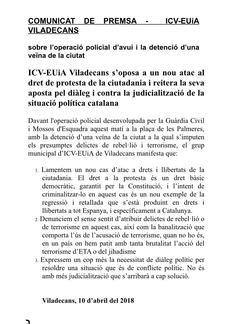ICV-EUiA Viladecans estem en contra de la detencio d'una veïna de Viladecans per delictes de rebelio i terrorisme. El dret de protesta es basic