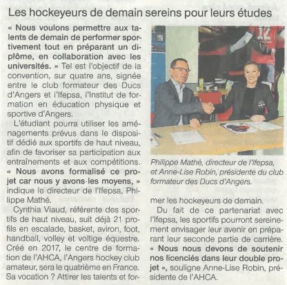 AHCAngers's tweet photo. Le Centre de Formation U21 de hockey sur glace d'Angers poursuit son développement et signe une convention avec l'IFEPSA.
Source : Ouest France - Mardi 10 avril 2018
#SportAngers #Angers #Hockey
cc @ofangers49 @Hockey_LiguePDL @Hockey_FRA https://t.co/9XS8pphthI