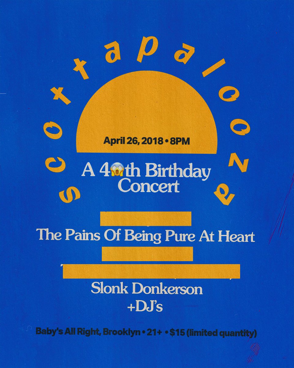 hope u got yr tix cause Scottapalooza: A 4😱th Birthday Concert ft <a href="/thepainsofbeing/">the pains of being pure at heart</a>, <a href="/SlonkDonkerson/">SLONK DONKERSON</a> + more at <a href="/BabysAllRight/">Baby's All Right</a> is now SOLD OUT!! 👋 ticketf.ly/2qk77HD