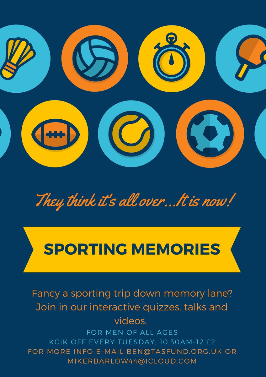 Suicide is the single biggest killer of men aged under 45 in the UK. In 2015, 75% of all UK suicides were male.

Working with The Shed we have set up a Sporting Memories group. This is a group for males of ANY ages.
#malesuicide #MentalHealthMatters #MensHealth #tameside #ashton