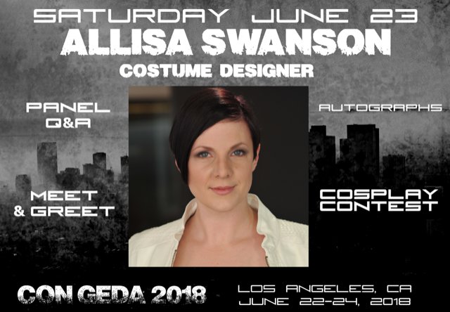 Con_Geda's tweet photo. We are extra excited to announce that Allisa Swanson, (@allisa_s) costume designed for the 100 will be joining us Saturday at #congeda2018! Not only will she be participating in panels and m&amp;gs, she will also be bringing some of her work with her for some extra special photo ops! https://t.co/u4uTesDYpK