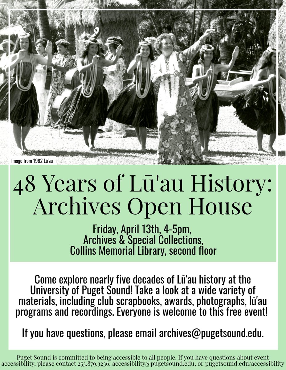 PSArchives's tweet photo. THIS FRIDAY: Come celebrate nearly 50 years of Lu'au history at @univpugetsound. This event is free &amp; open to the public. We'll be looking at Ka 'Ohana Me Ke Aloha scrapbooks, photos, awards, programs, and recordings. Friday, April 13th, 4-5pm in the archives! https://t.co/0BiOzos7Kx