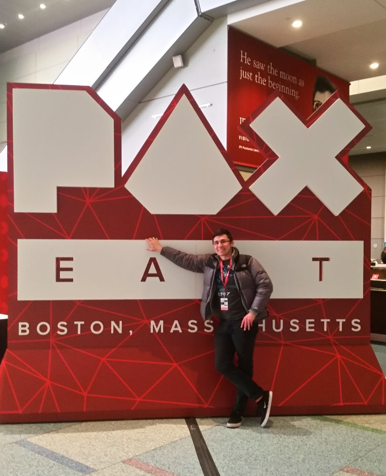 GeorgeRottkamp's tweet photo. Was totally beat, but had to pose in front of the #PAXEast2018 sign before leaving the convention center. Maximum fatigue leads to maximum sillies. https://t.co/n6yc0vpy0Q
