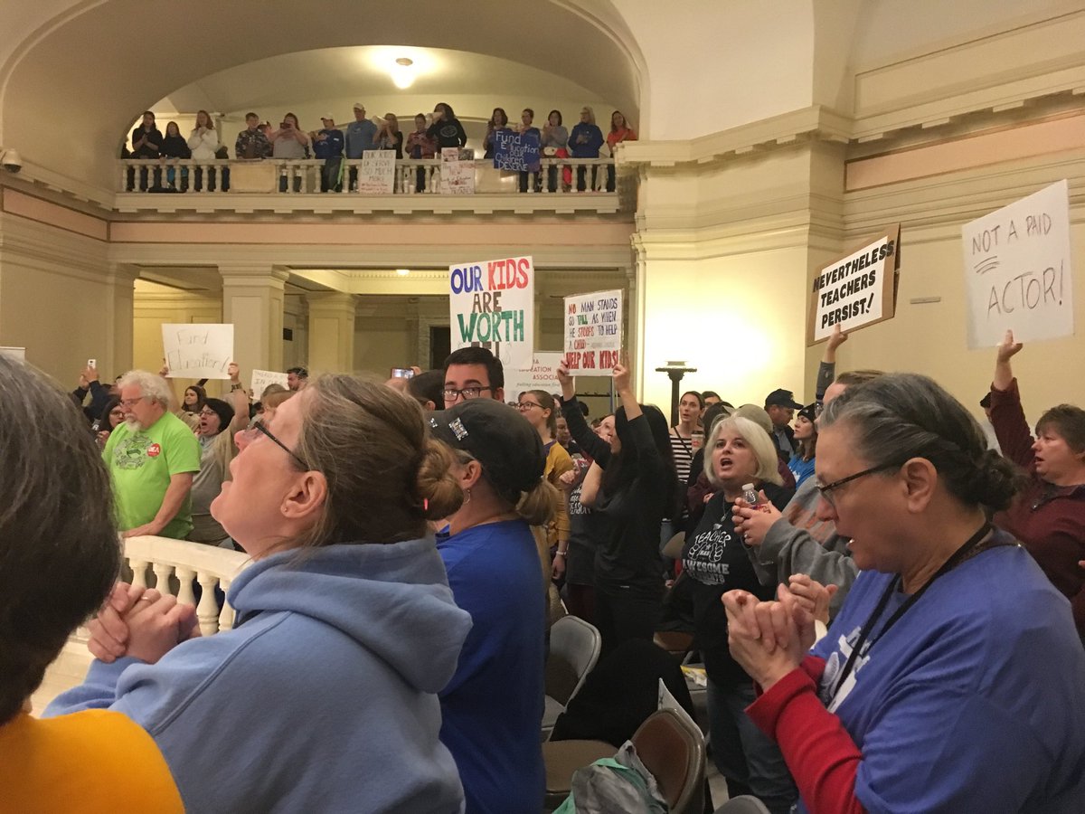 MsRasnic's tweet photo. Dear OK Legislature, Today, the House adjourned after only 45 minutes and refused to hear any education funding bills. How can you turn your backs on the people of Oklahoma? How can you ignore our pleas for a better future? We deserve better.  #oklaedwalkout #OKleg https://t.co/yV0lQpa74t