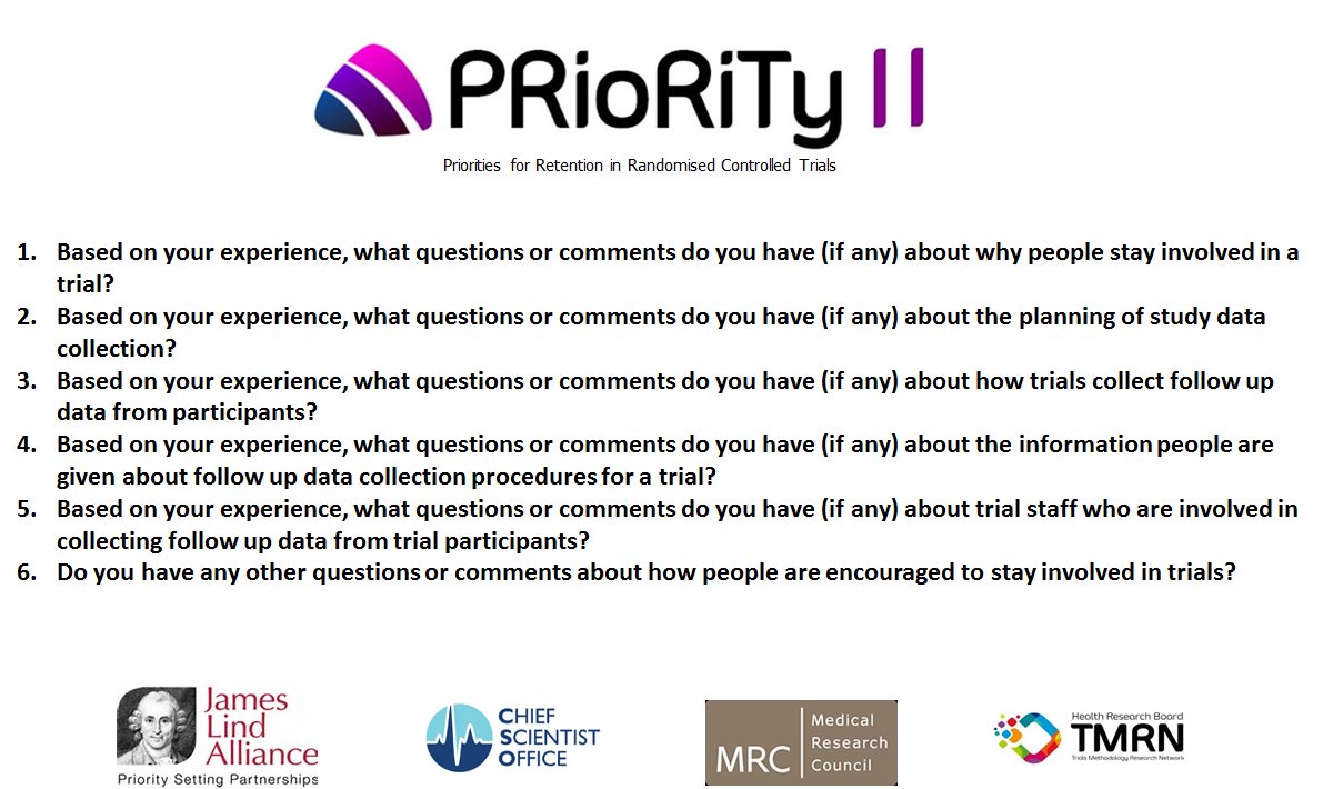 GilliesKatie's tweet photo. Help us identify the Top 10 research priorities for retention in clincial trials.  See below for a sneak peek of the questions &amp; follow link to survey - please complete as well as retweet! https://t.co/8d2ksW7pD1 #trialretention W/ @LindAlliance https://t.co/bkPy6Ywa1r