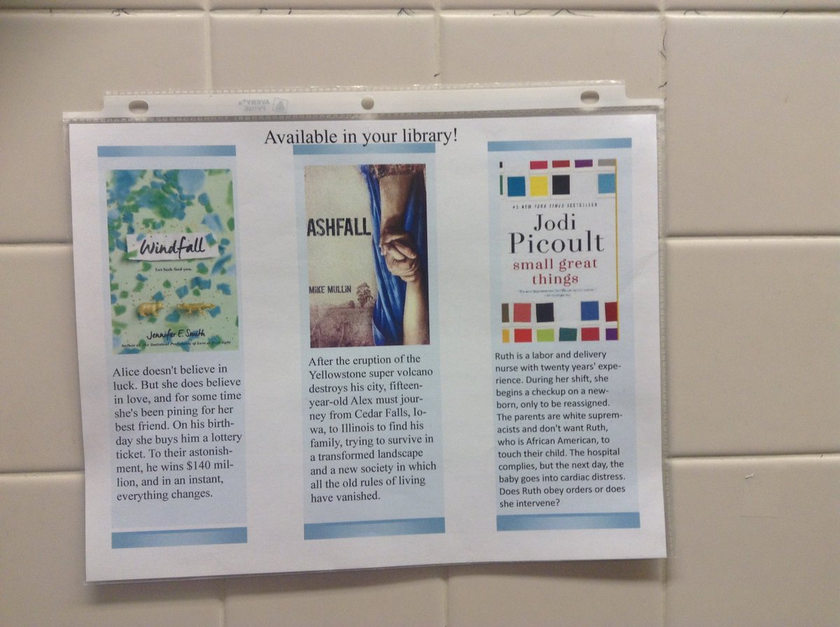PrincessLibrary's tweet photo. For a good time call... Look whose books are on the bathroom walls! @Mike_Mullin @jodipicoult @JenESmith @OPS_SouthLib https://t.co/YZIQFRiUAG
