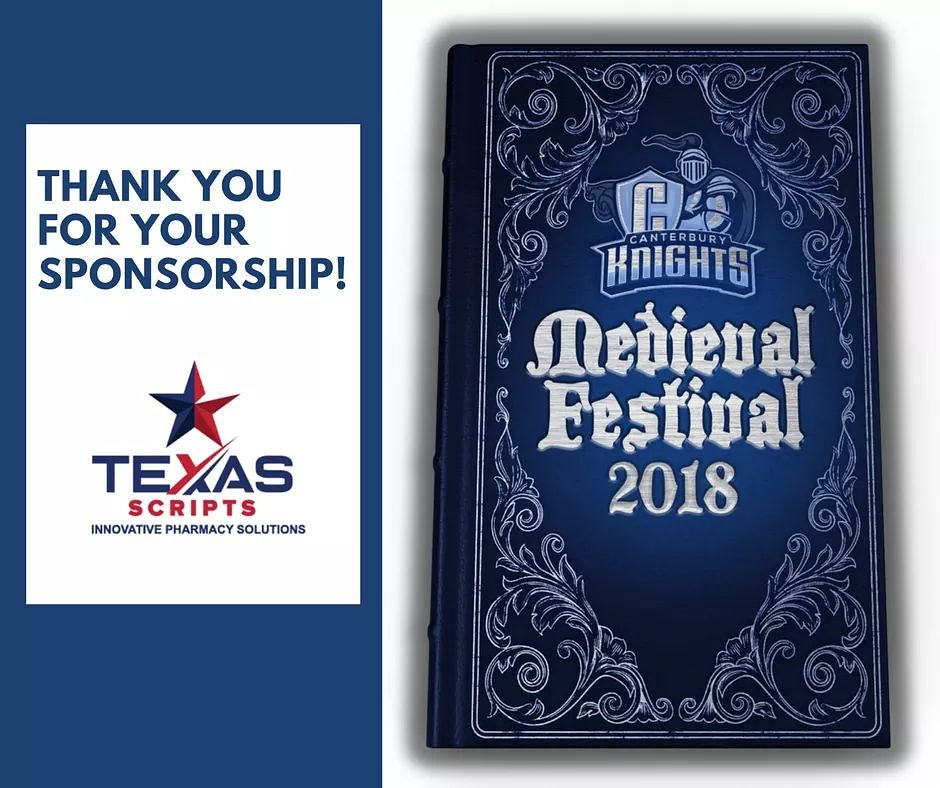 TexasScripts's tweet image. Thank you CanterburyElementary&amp;amp; Canterbury Elementary PTO! Best of Luck at your 2018 Medieval Festival! GO KNIGHTS! #TexasScripts #ProudSponsor