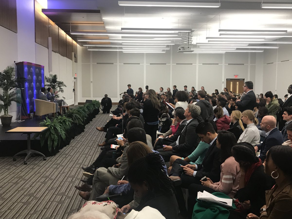 AUWCL's tweet photo. .@AUWCL &amp; @AmericanU community, along with local H.S. students, participate in Q&amp;A. #JimKimAU answers question on economic empowerment: We used to just "lend to governments for big scaled projects,” but now “we focus on vulnerable populations &amp; make sure they’re also included.” https://t.co/t6uvjkYRES