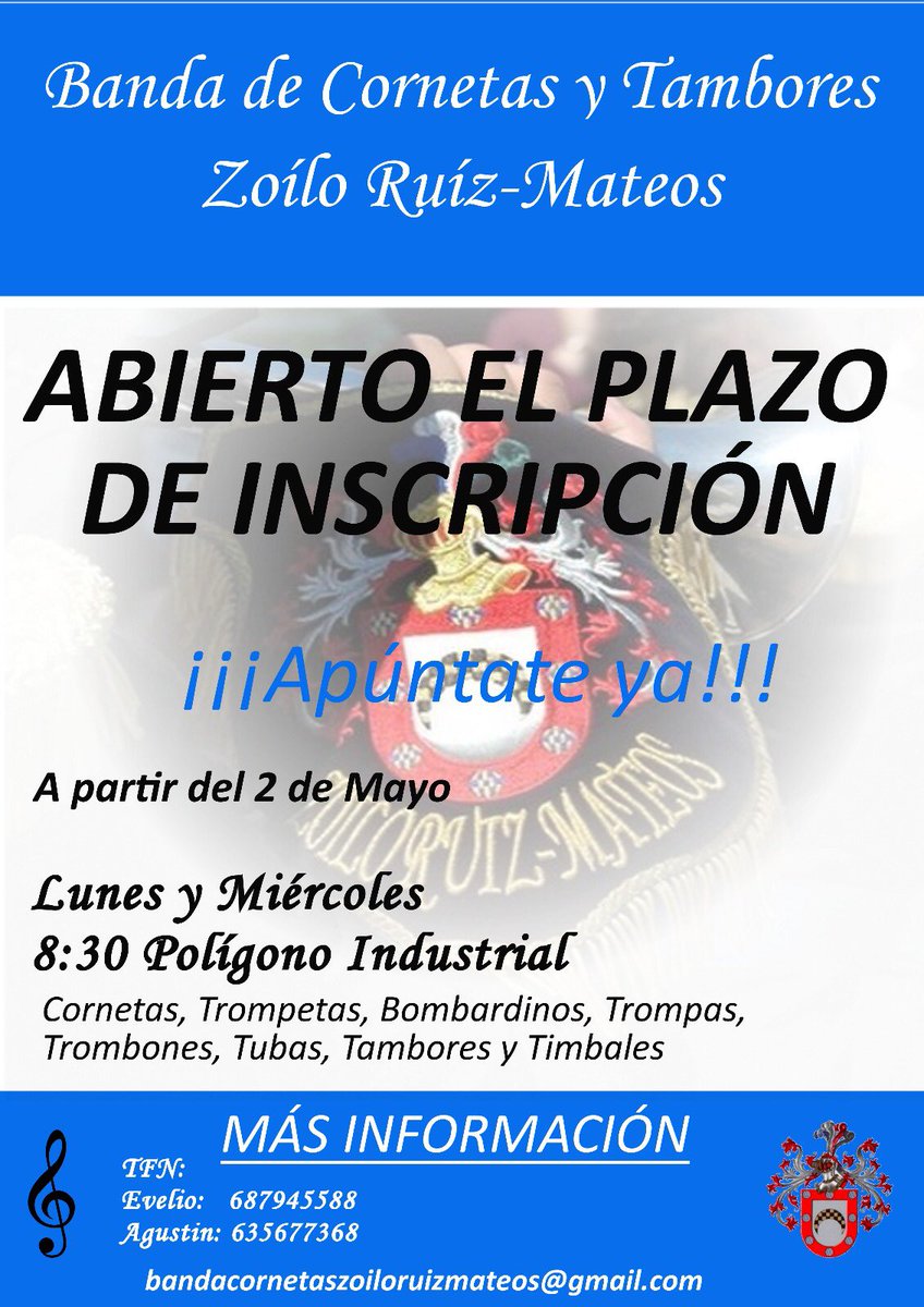 bct_zoilo_rota's tweet photo. Si la música es lo tuyo, escuchas Semana Santa hasta en agosto y te gustaría aprender a tocar un instrumento esta es tu oportunidad. No lo pienses más y apúntate a la Banda de Cornetas y Tambores Zoilo Ruiz-Mateos. Muy pronto comienza el plazo de inscripción. https://t.co/7B6F8Wwrwt