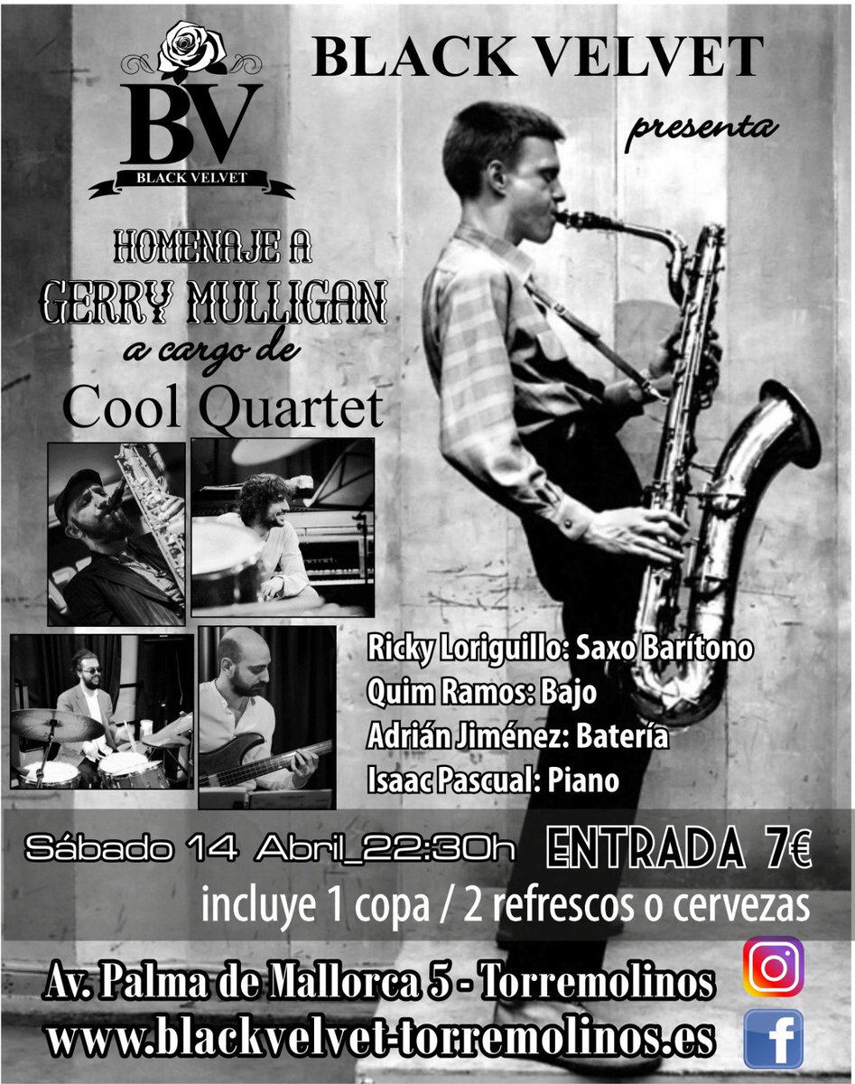 BLACKVELVETTO's tweet photo. Sábado 14 de abril, a las 22:30h rendimos homenaje a Gerry Mulligan de la mano de Cool quartet. 
Os esperamos en la noche de Mulligan!!! https://t.co/A72L2rWbDY