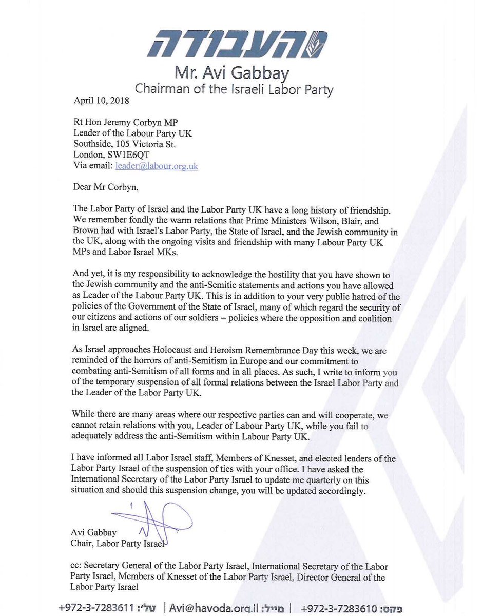 OritKopel's tweet photo. Chairman of the Israeli Labour party @GabbayAvi suspended all formal relations with the UK Labour party for @jeremycorbyn’s “hostility” to the Jewish community and his lack of action against anti-Semitism https://t.co/0z1QeeuuFV