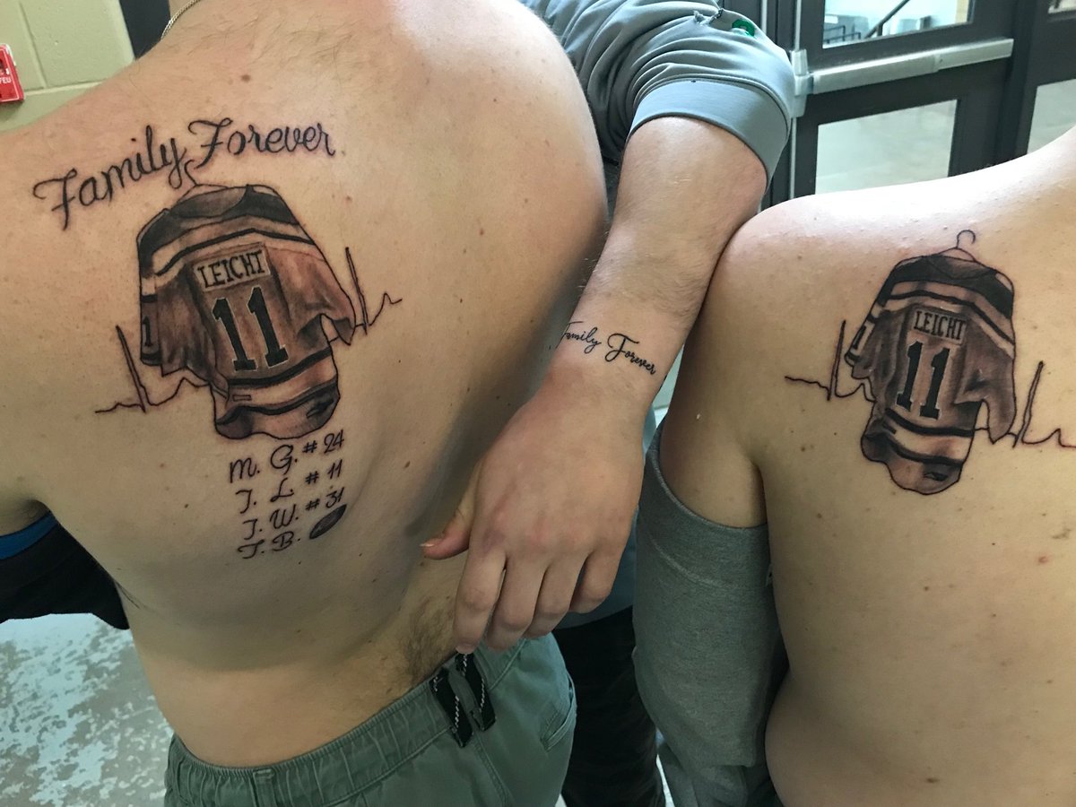 TSNRyanRishaug's tweet photo. Daigon Elmy, Colton Halvorson and Austin Hilts, former teammates, lifelong friends, honouring their hockey family.  Awesome stuff. https://t.co/emHMmEH654