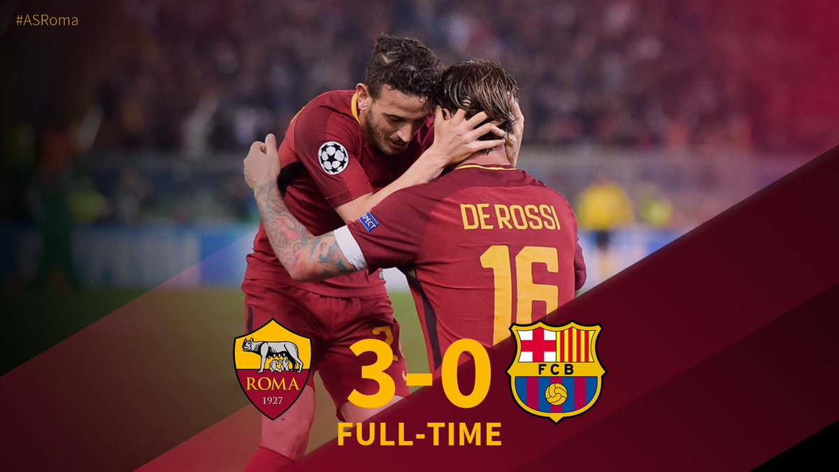 TwittaCalcio's tweet photo. IMPRESA #ROMA #RomaBarca 3-0 @OfficialASRoma in semifinale #ChampionsLeague #ucl #dzeko #derossi #manolas https://t.co/3faVNxCHWd
