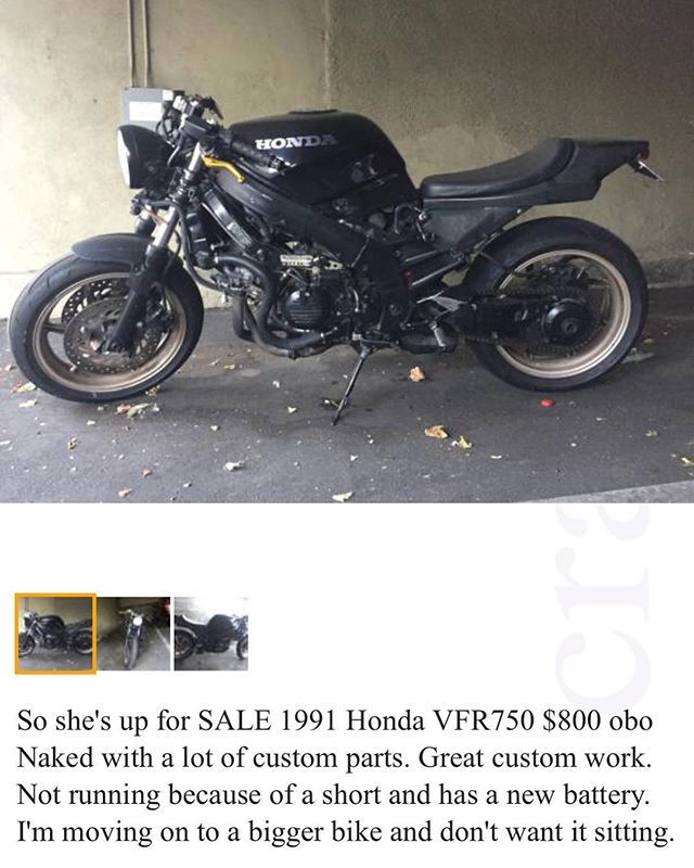 motochopshop's tweet photo. Up FOR SALE from @summersbobber is his 1991 Honda VFR750 Street Tracker. The bike needs some TLC. $800. Hit him up for more details. #forsale #losangeles #streettracker #honda #vfr750 #naked #caferacer #cafefighter #hondasonly #motorcycleforsale https://t.co/30jYGMr9FH