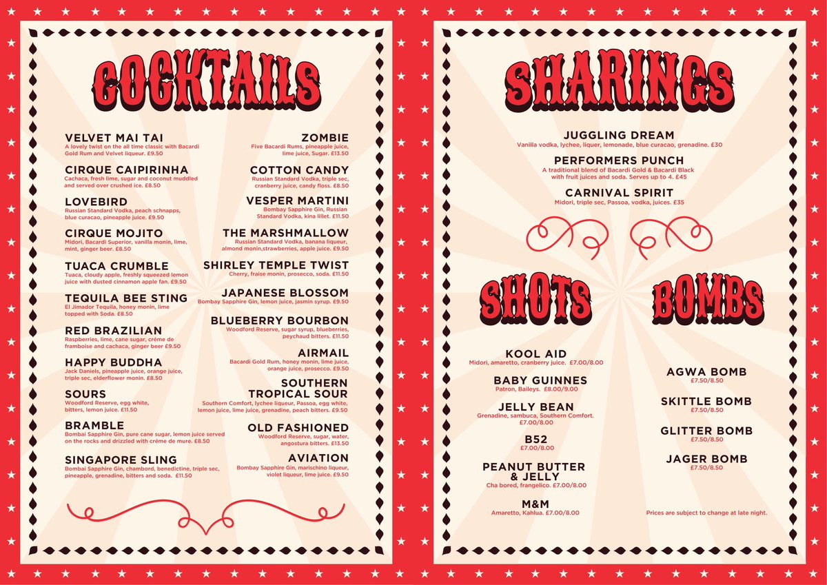 CirqueBar's tweet photo. ** Cirque ** Check out all the drinks :) #drinks #menu #cocktails #cirque https://t.co/vg1w2QGUgd