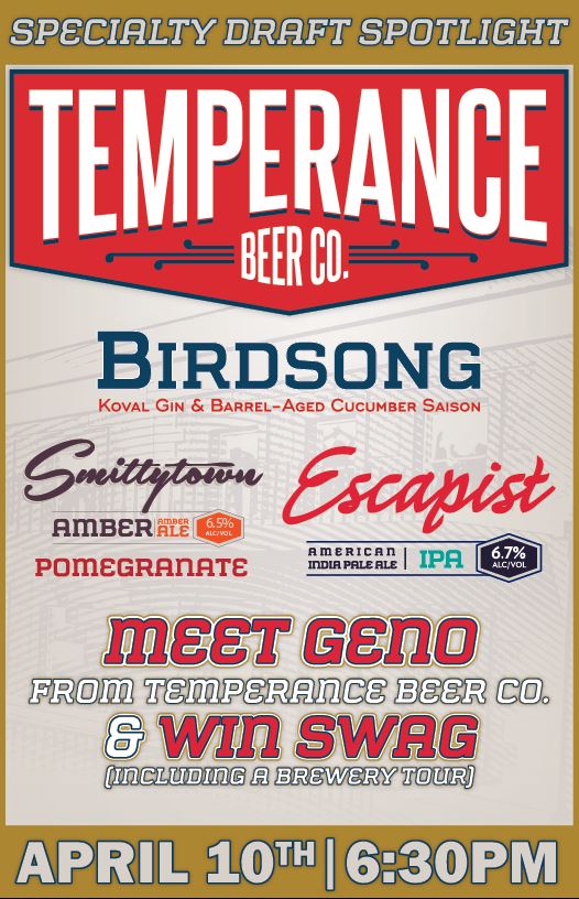 GlunzBeers (@glunzbeers) on Twitter photo Join <a href="/TemperanceBeer/">Temperance Beer Co.</a> at the Reservoir tonight for a specialty draft spotlight, featuring the new Koval gin barrel-aged Cucumber Birdsong Saison, pomegranate infused Smittytown Amber, and fan favorite Escapist IPA. Swag & prizes while supplies last, including a free brewery tour! Join <a href="/TemperanceBeer/">Temperance Beer Co.</a> at the Reservoir tonight for a specialty draft spotlight, featuring the new Koval gin barrel-aged Cucumber Birdsong Saison, pomegranate infused Smittytown Amber, and fan favorite Escapist IPA. Swag & prizes while supplies last, including a free brewery tour!