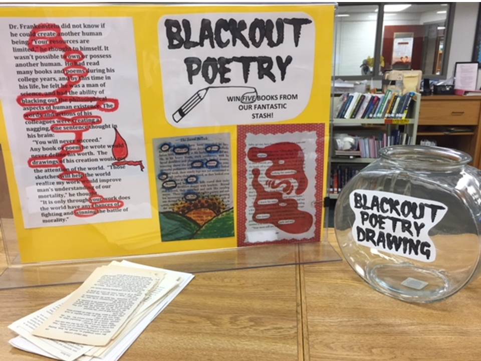 CHSLibrary3's tweet photo. April is Poetry Month.  Come by the library to participate in our "Blackout Poetry." https://t.co/b6NGEgi6Ug