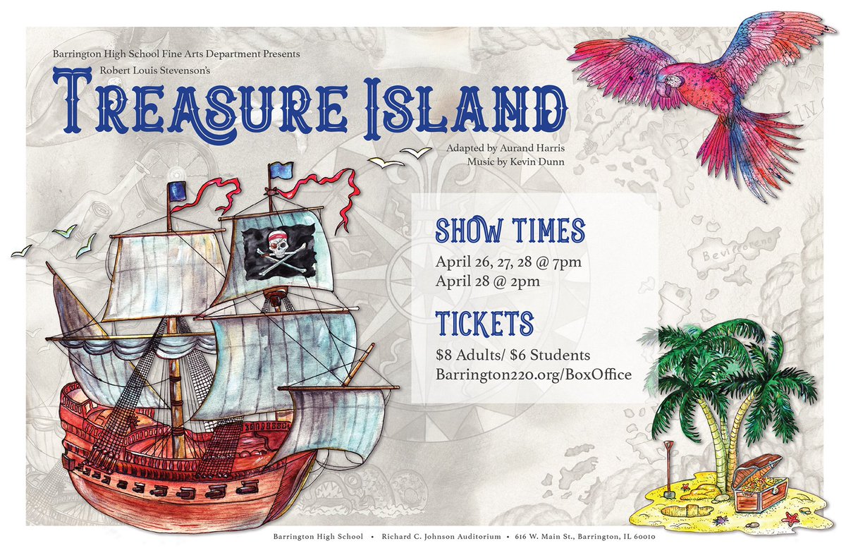 barrington220's tweet photo. A great show for the family! The spring children’s production of #TreasureIsland at BHS runs April 26-28! Buy tickets here---> https://t.co/WMMmzvnI3n #BSD220 https://t.co/MqffPogwBg
