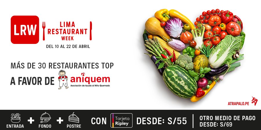 atrapaloperu's tweet photo. ¡Disfruta #LimaRestaurantWeek! 🍴 Más de 30 #restaurantes top ofrecen una carta exclusiva (Entrada + Fondo + Postre) a precio especial 😃 Reserva sin costo y paga en el restaurante ➤ https://t.co/ud2cGvhPM9
Parte de los ingresos recaudados será donada a @Aniquem https://t.co/VH3KmWbDL8