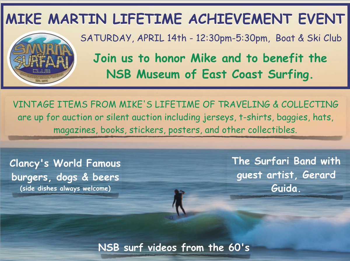 SurfariClubNSB's tweet photo. MIKE MARTIN LIFETIME ACHIEVEMENT EVENT - Join us to honor Mike and to benefit the NSB Museum of East Coast Surfing. Smyrna Surfari Club #lifetimeachievement https://t.co/Oa3A3Rirzm