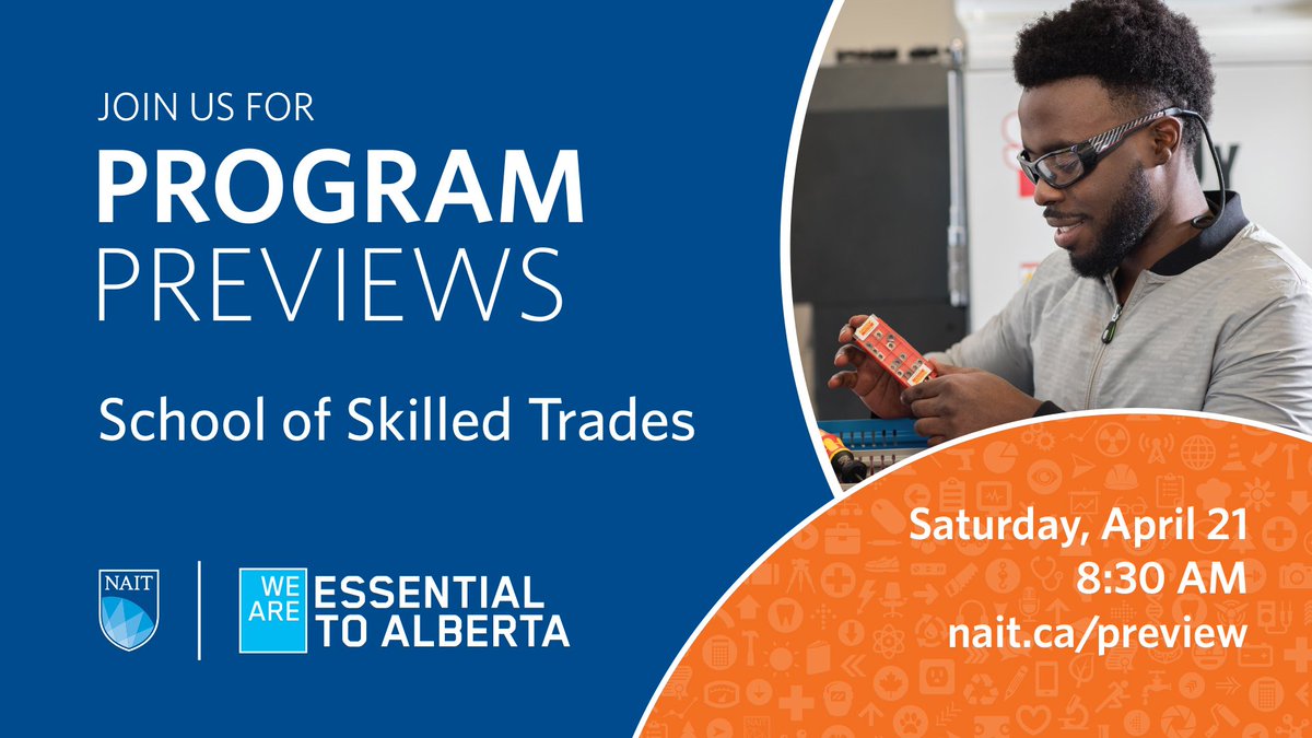 NAITtrades's tweet photo. Get ready for Fall and join us for #NAITPreviews! Meet our instructors and Try-A-Trade® in our labs. We will also have VR simulators and on-the-spot admissions! #yegcareers #yegjobs
🗓Saturday, April 21
🕗8-2
📍Common Market, Main Campus
Register now! >> https://t.co/g8OsHJ2DDW https://t.co/xX8fGy3hN6