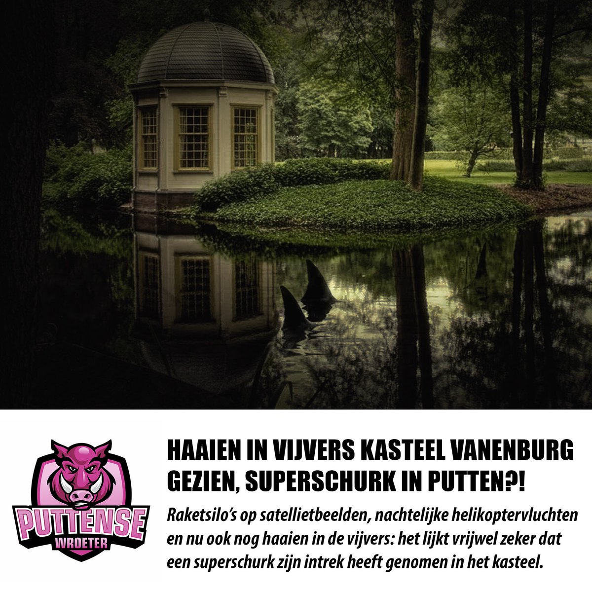 Nachtelijke helivluchten boven #Putten, contouren van raketsilo’s op satellietbeelden en nu #haaien in de kasteelvijvers: dat kan maar één ding betekenen: een #superschurk heeft zijn intrek genomen in de #vanenburg ! bit.ly/2EBBIVc