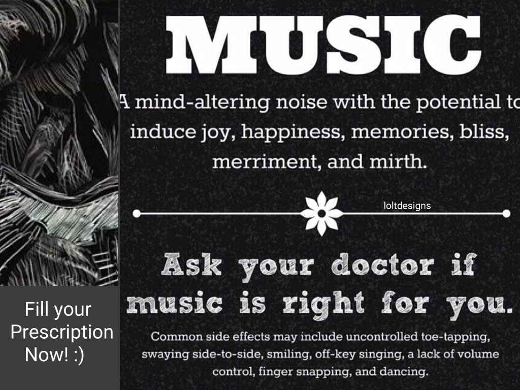 loltcreativity's tweet image. #music A mind-altering noise with the potential to #induce #joy, #happiness, #memories, #bliss, #merriment &amp;amp; #mirth.

Ask YOUR #Doctor if music is right for you #today 

#Read #sideeffects below..

#musicdesign #BigPharma #JoyTrain #MindBodySoul 
#mindbodyspirit #TuesdayTreat