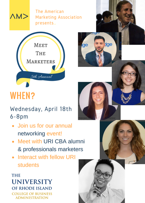rhodyama's tweet photo. The URI American Marketing Association formally invites you to our 5th annual Meet the Marketers event next Wednesday, April 18th from 6-8pm in Ballentine.Please join us for a night full of networking and career insight from marketing and business professionals! #ama #Uri https://t.co/CwfzxnoiyL