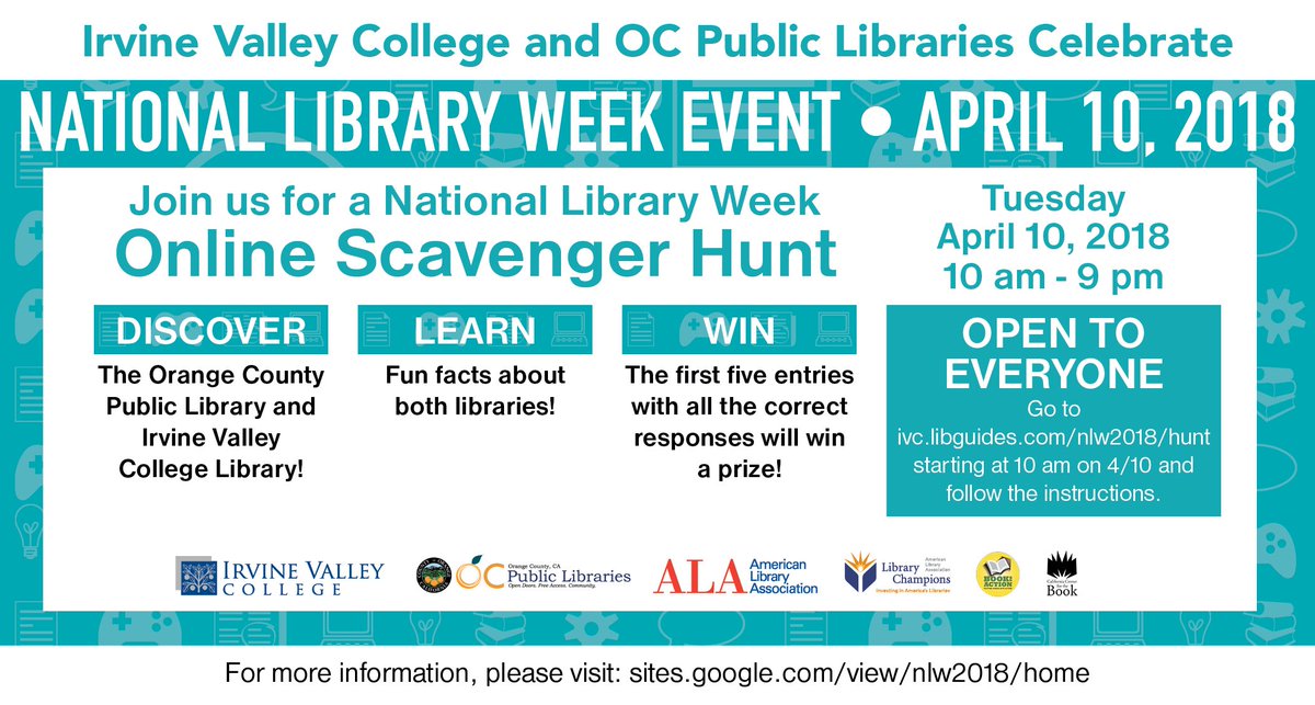 Scavenger Hunt!  Online!  Today!  Prizes for the top 5 people with all the correct answers.  Click on the link to begin the hunt!
ow.ly/JLIv30jlmVR #nationallibraryweek #ilovemylibrary #proudtobeivc #library #ivclibrary @CaliforniaCenterfortheBook