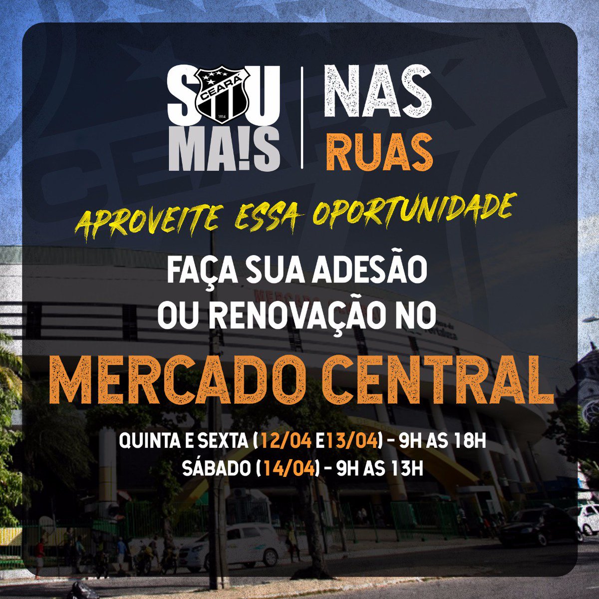 CearaSC's tweet photo. A Sou Mais, agora, vai onde o povo Alvinegro está. Com a ação Sou Mais nas Ruas, os torcedores do Vozão poderão aderir ou renovar seus Planos em locais públicos. Dessa vez, o local escolhido foi o Mercado Central, um dos principais pontos de compra da Capital cearense. https://t.co/yRLzETkPmb