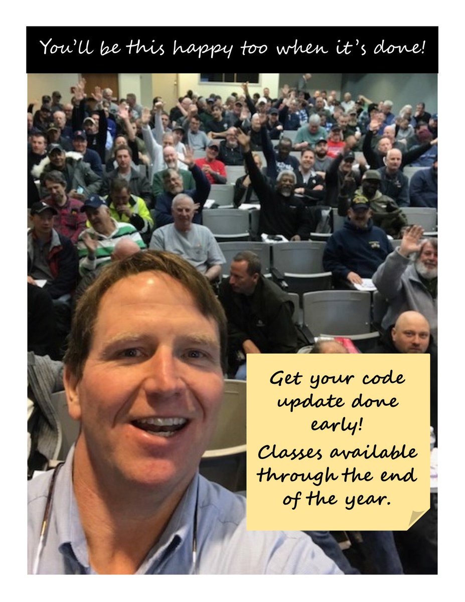 bostonjatc103's tweet photo. Journeymen, don't forget to get your code update done early! We have classes available through December. Maybe you'll be featured in Mike's next #CodeSelfie! Visit our website for details. (Michael O'Connell
Senior Code Instructor NFPA 72 Code Panel #9 Contributing Member) https://t.co/q6COPFi8rP