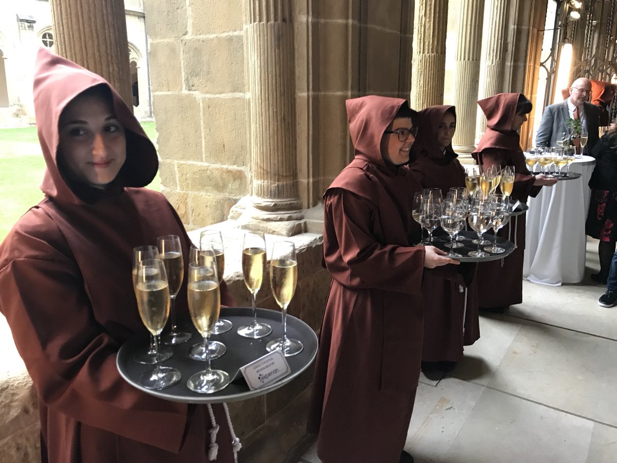 BenGalley's tweet photo. This event just got even more fantastical. Monks serving wine? Tiny trees with hors d'oeuvres in the branches? By Odin’s kneecaps. https://t.co/GA5xCn64PH